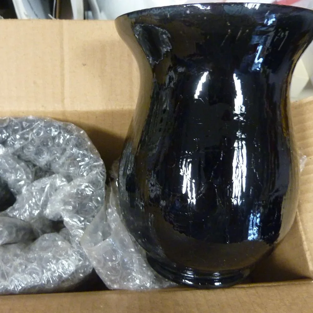 Set of 2 Black Onyx Crackle Glass Candle Holders 5.5” | Moody Glow Small Pillar